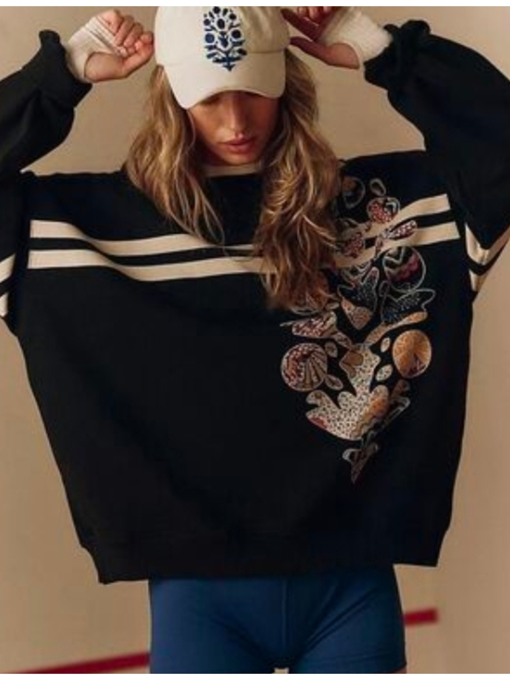 Free People Black Pullover Sweatshirt with White Stripes and Floral Patch